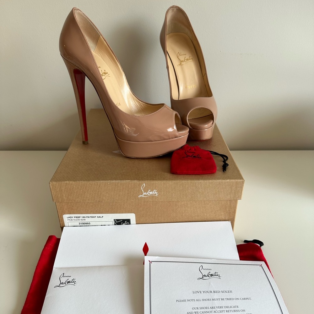 Christian Louboutin Womens Nude Lady Peep 150 Patent Calf.